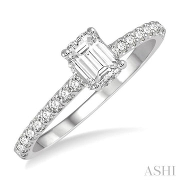 1/2 Ctw Round Cut Diamond Ladies Engagement Ring With 1/4 Ct Emerald Cut Center Stone in 14K White Gold